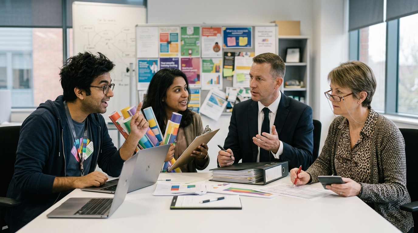 Team discussion around tabletop game materials in a corporate office setting, exploring decision-making scenarios through play.